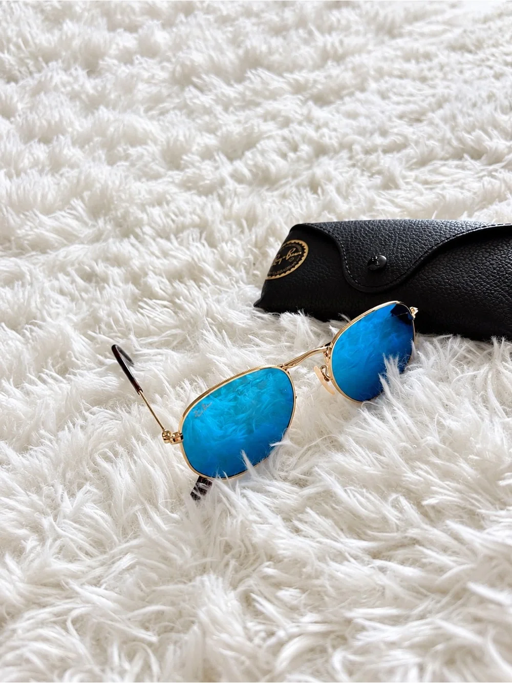 Ray-Ban Women's Gold Frame Sunglasses with Blue Mirrored Lenses